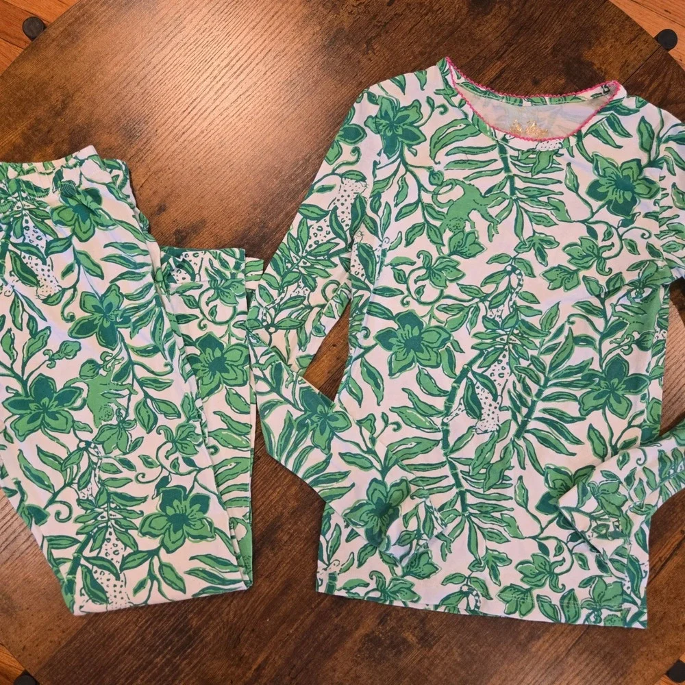 Lilly Pulitzer Girls Green White Jungle Print Pajama Set Leopard Monkey Size‎ 10